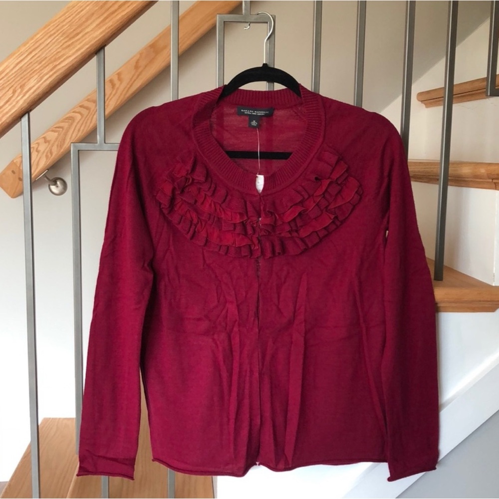 Banana Republic Wine Colored Cardigan Sweater with Ruffle Detail.